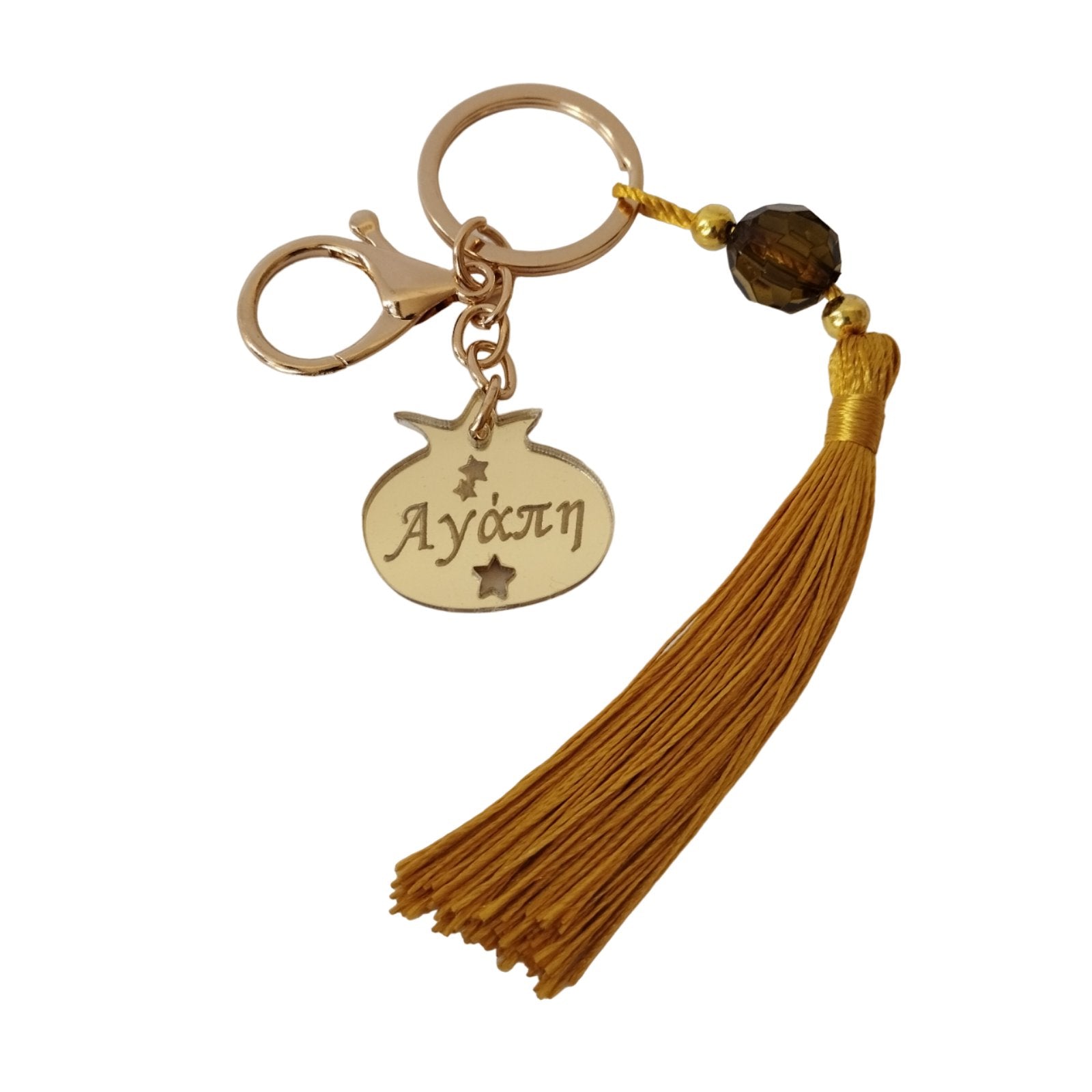 Μπρελόκ γούρι χρυσό plexiglass μικρό ρόδι με ευχή και φούντα